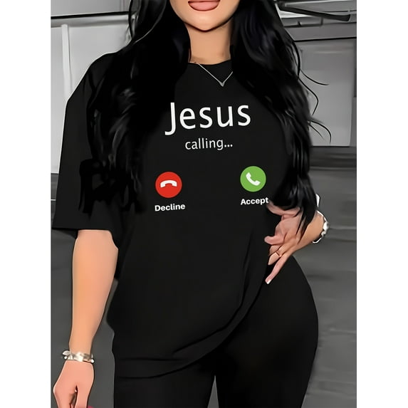 Medium Stretch Polyester Blend Women's Casual Jesus Calling Graphic T-Shirt with Crew Neck for All Season Comfort Wear, Casual Sporty Tee, Summer Gifts