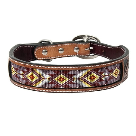 Medium Strong Genuine Leather Dog Collar Beaded Hand Tooled Hilason