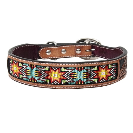 Medium Strong Genuine Leather Dog Collar Beaded Hand Tooled Hilason