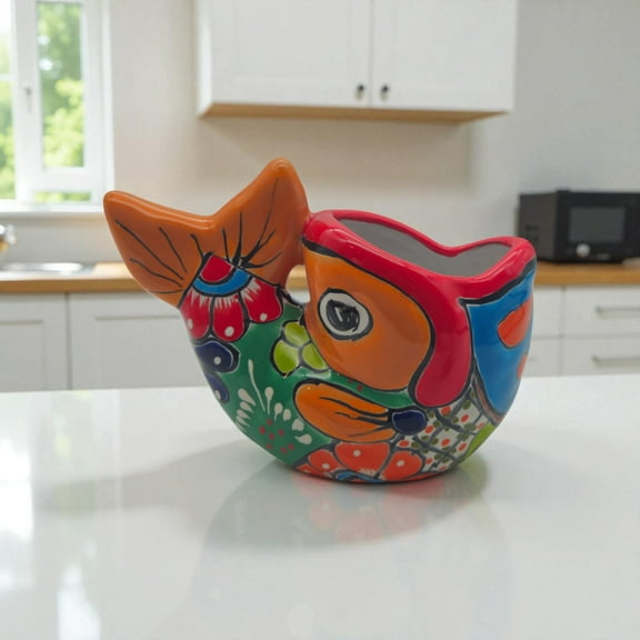 Medium Talavera Fish Planter | Hand-Painted Mexican Statue Pottery