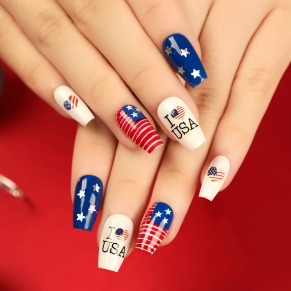 Medium Tapered Press on Nails Square Stick on Nail with American Flag Designs for USA Independence Day Fack Nails Women 24pcs