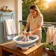 thumbnail image 1 of Medium Thickened Plastic Folding Laundry Tub Blue Round Collapsible Wash Basin, Textured Base Hanging Loop Raised Feet for Home Travel Dorm Hand Washing Vegetable Cleaning, 1 of 6