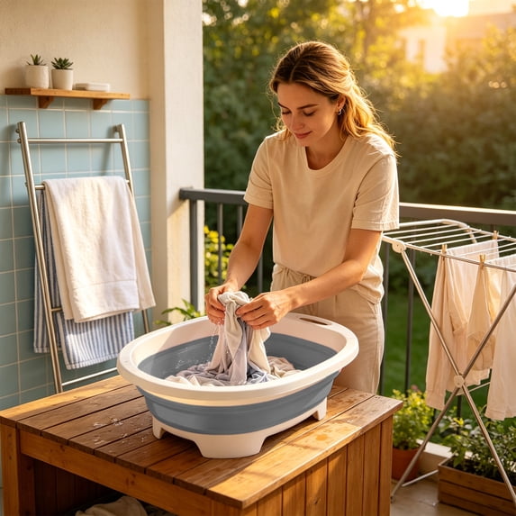 Medium Thickened Plastic Folding Laundry Tub Blue Round Collapsible Wash Basin, Textured Base Hanging Loop Raised Feet for Home Travel Dorm Hand Washing Vegetable Cleaning