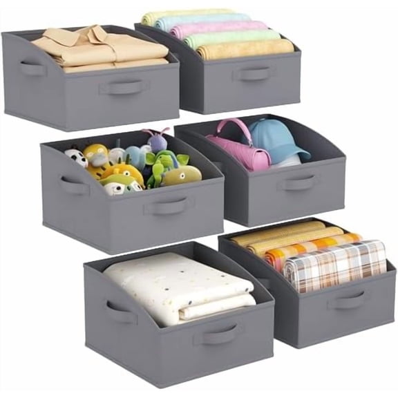 Medium Trapezoid Closet Storage Bins for Shelf, 6 Packs Non-woven Closet Organizer Baskets with Handles, Foldable Clothes Containers Boxes for Clothing, Book, Purse, 16L, Gray