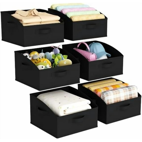 Medium Trapezoid Closet Storage Bins for Shelf, 6 Packs Non-woven Closet Organizer Baskets with Handles, Foldable Clothes Containers Boxes for Clothing, Book, Purse, 16L, Black