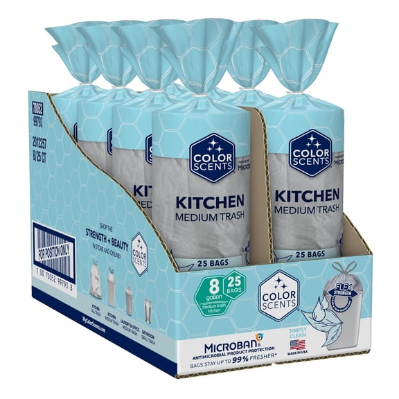 Medium Trash Bags - 8 Gallon, 200 Total Bags (8 Packs of 25 Count), Drawstring - Silver Bag in Simply Clean Scent with Microban