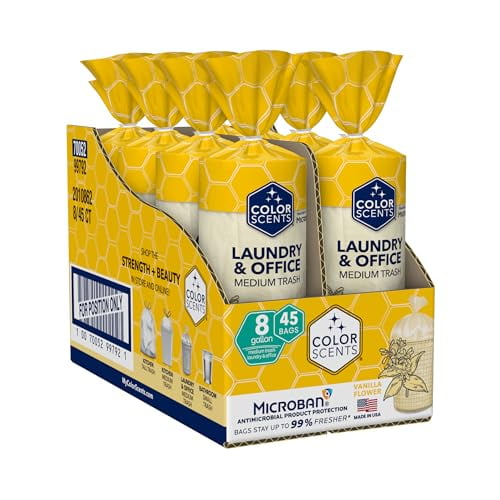 Medium Trash Bags - 8 Gallon, 360 Total Bags (8 Packs of 45 Count), Twist Tie - Cream bag in Vanilla Flower Scent with Microban