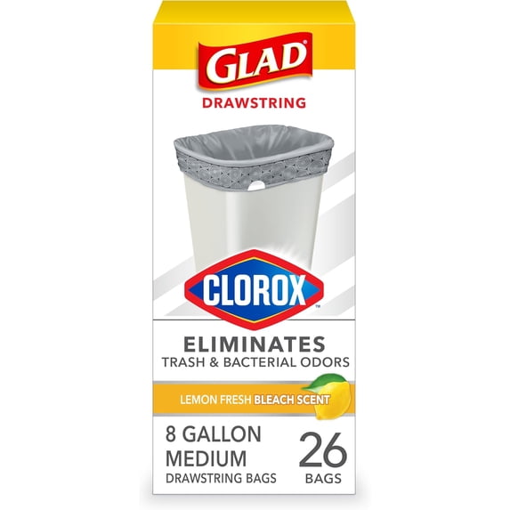 Medium Trash Bags, 8 Gallon, Lemon Fresh Bleach Garbage Bags, Resists Bacterial Odors with Drawstring, 26 Count