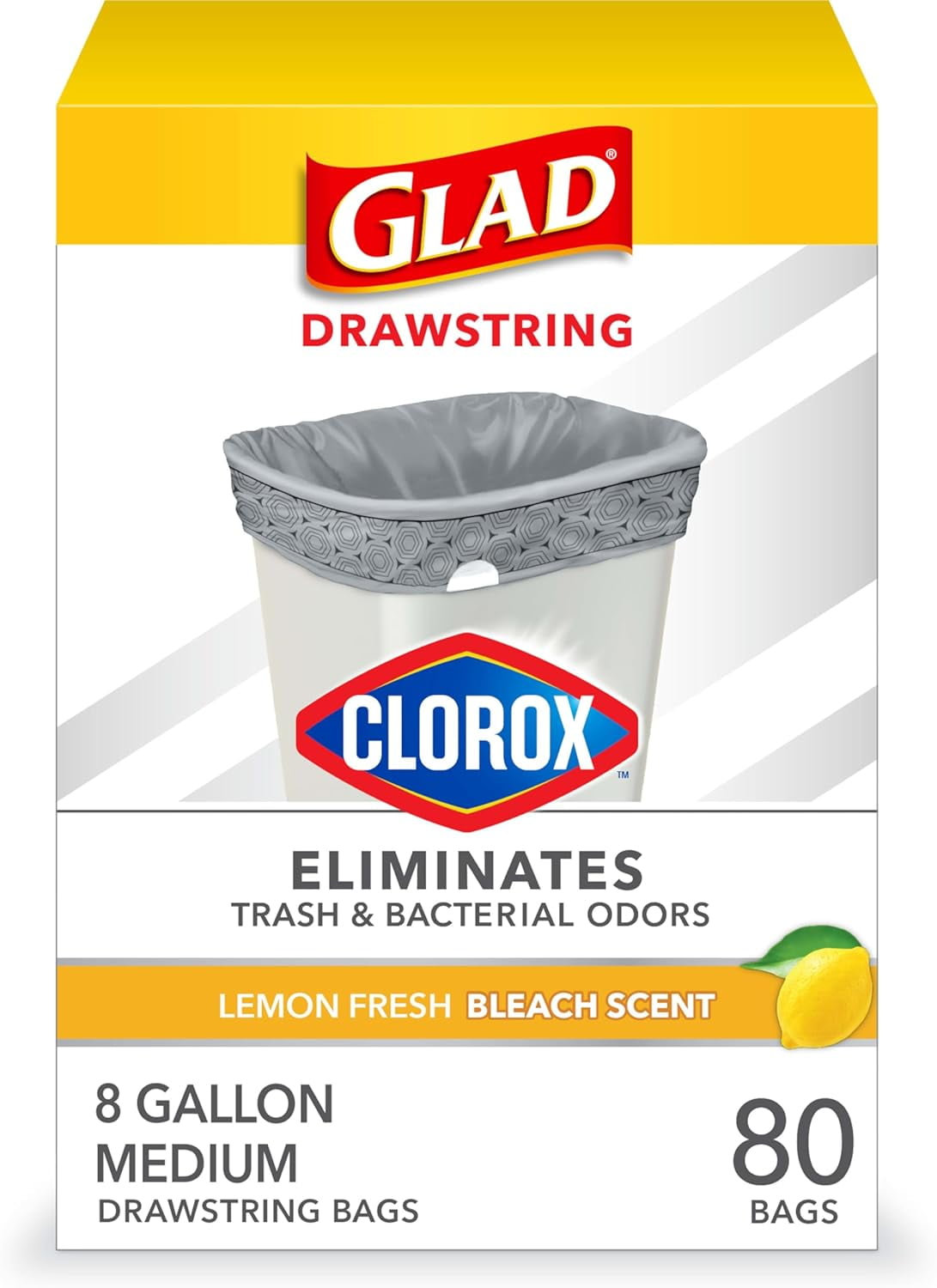 Medium Trash Bags, 8 Gallon, Lemon Fresh Bleach Garbage Bags, Resists Bacterial Odors with Drawstring, 80 Count