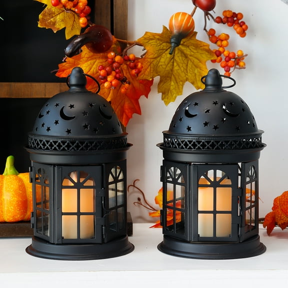 Set of 2 Decorative Lanterns-8.5 inch High Vintage Style Hanging Lantern, Metal Candle Holder for Indoor Outdoor Events Parities and Weddings (Black)