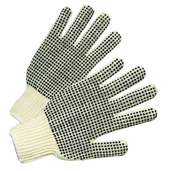 Medium Weight Seamless String-Knit Gloves w/Single-Sided PVC Dot Grips, Men's, Knit Wrist, Natural White/Black PVC Dots | Bundle of 2 Dozen