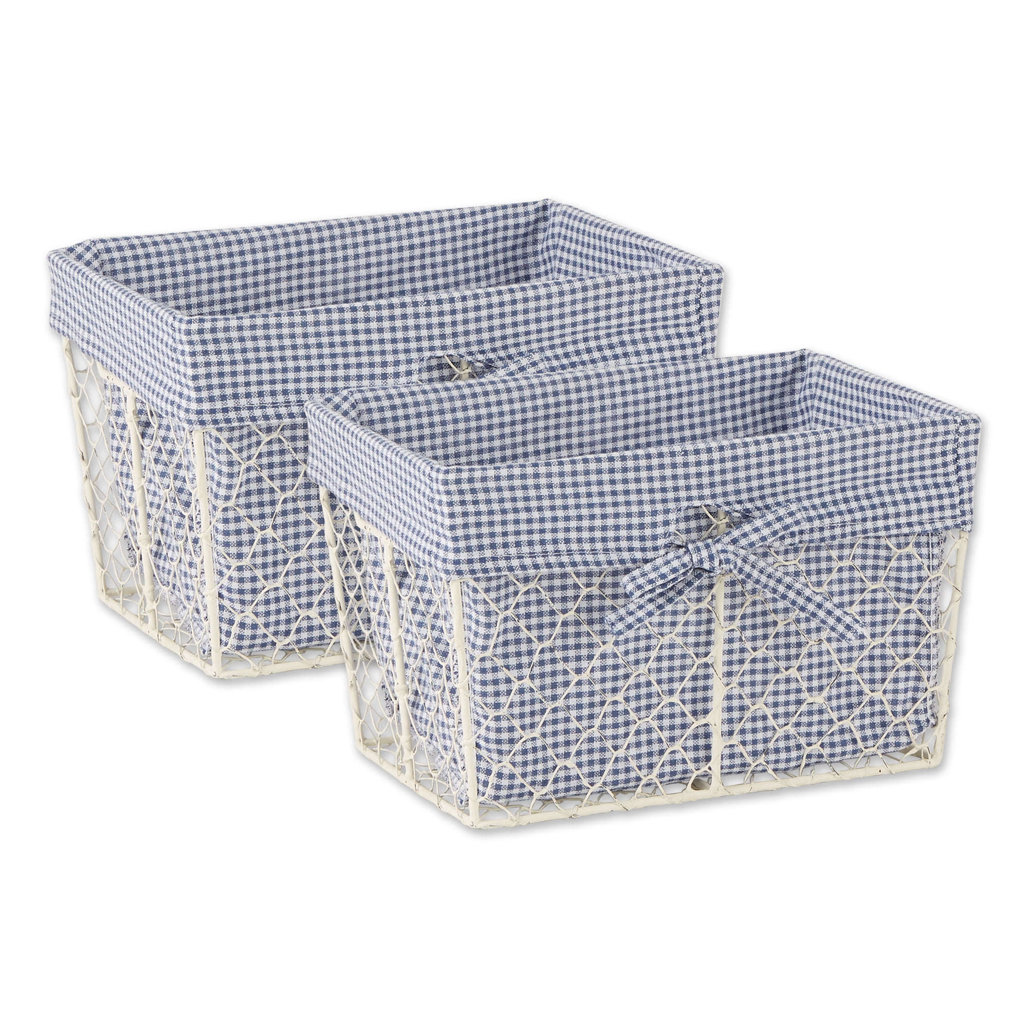 DII Chicken Wire Storage Baskets with Liner, Medium, Antique French Blue Gingham, 11x7.88x7", 2 Piece