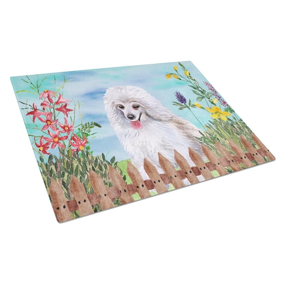 Medium White Poodle Spring Glass Cutting Board Large