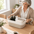 Medium White and Brown Woven Cotton Rope Storage Basket with Handles ...