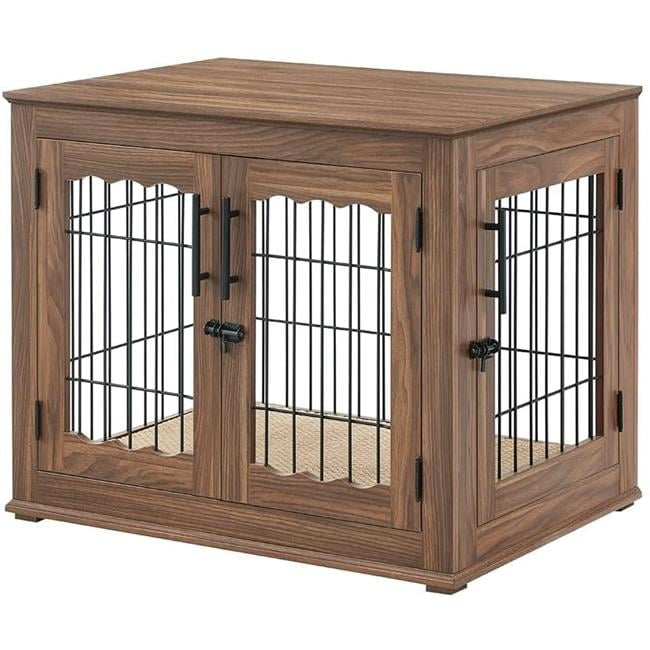 Medium Walnut Wooden Wire Dog Crate Table