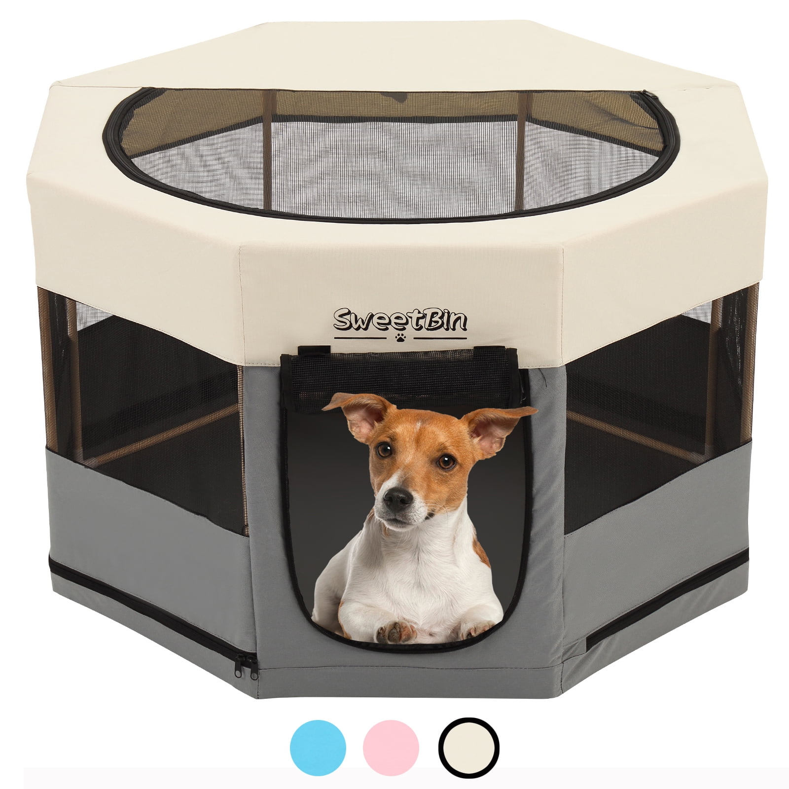 Medium Wood Frame Dog Playpen for Medium Dogs,Cat Playpen with Waterproof Bottom,Travel Pet Play Pen with Side Door for Puppies (36" x 36" x 23", Light Beige)