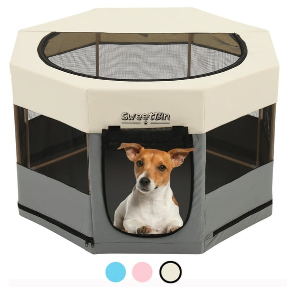 Medium Wood Frame Dog Playpen for Medium Dogs,Cat Playpen with Waterproof Bottom,Travel Pet Play Pen with Side Door for Puppies (36" x 36" x 23", Light Beige)