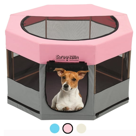 Medium Wood Frame Dog Playpen for Medium Dogs,Cat Playpen with Waterproof Bottom,Travel Pet Play Pen with Side Door for Puppies (36" x 36" x 23", Pink)