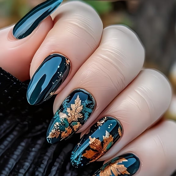 Medium almond false nails 24 pieces | Fall and winter maple leaf design with dark green gold foil | Full coverage shiny artificial manicure.