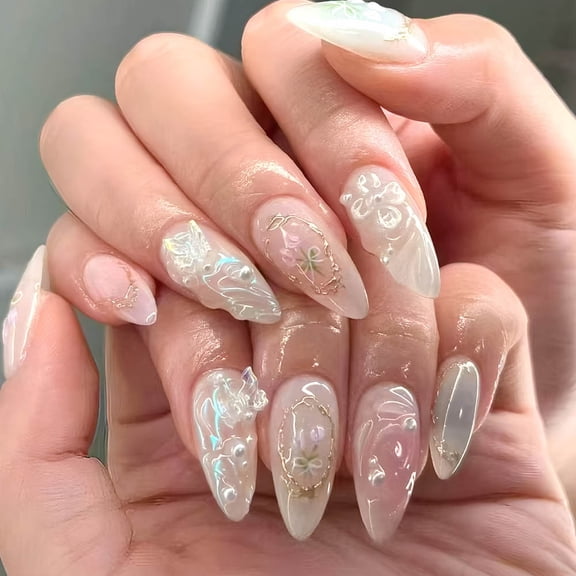 Medium almond nail art, 3D three-dimensional diamond setting, golden aurora bow, gradient pearl press-on nails, 24-piece false nails