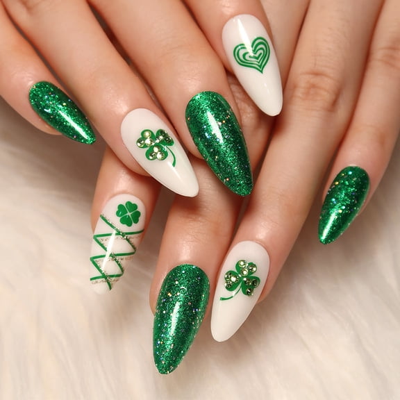Medium and long almond nail lucky four-leaf clover green glitter love manicure removable wear nail fake nail nail piece