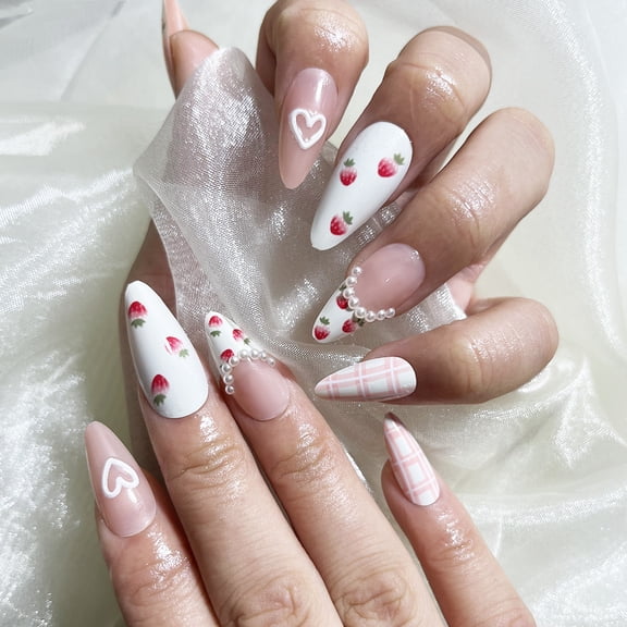Medium and long ballet nail, pearl love manicure, hot-selling in Europe and America, cute and sweet strawberry fake nails, wearing nail wholesale