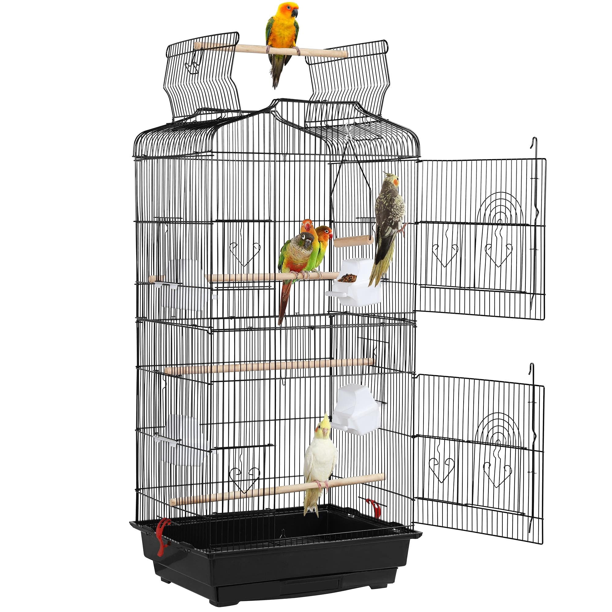 Medium bird cage for small birds, open top design for parakeets finches canaries lovebirds quaker parrots cockatiels budgies conures, travel pet flight birdcage, black