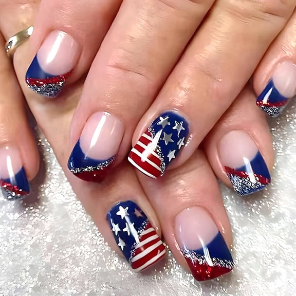 Medium glossy French Independence Day false nails, red and white stripes with silver glitter, 24-piece press-on nails set