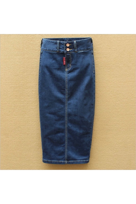 Medium-length high-waisted denim skirt for women, with a slit at the back