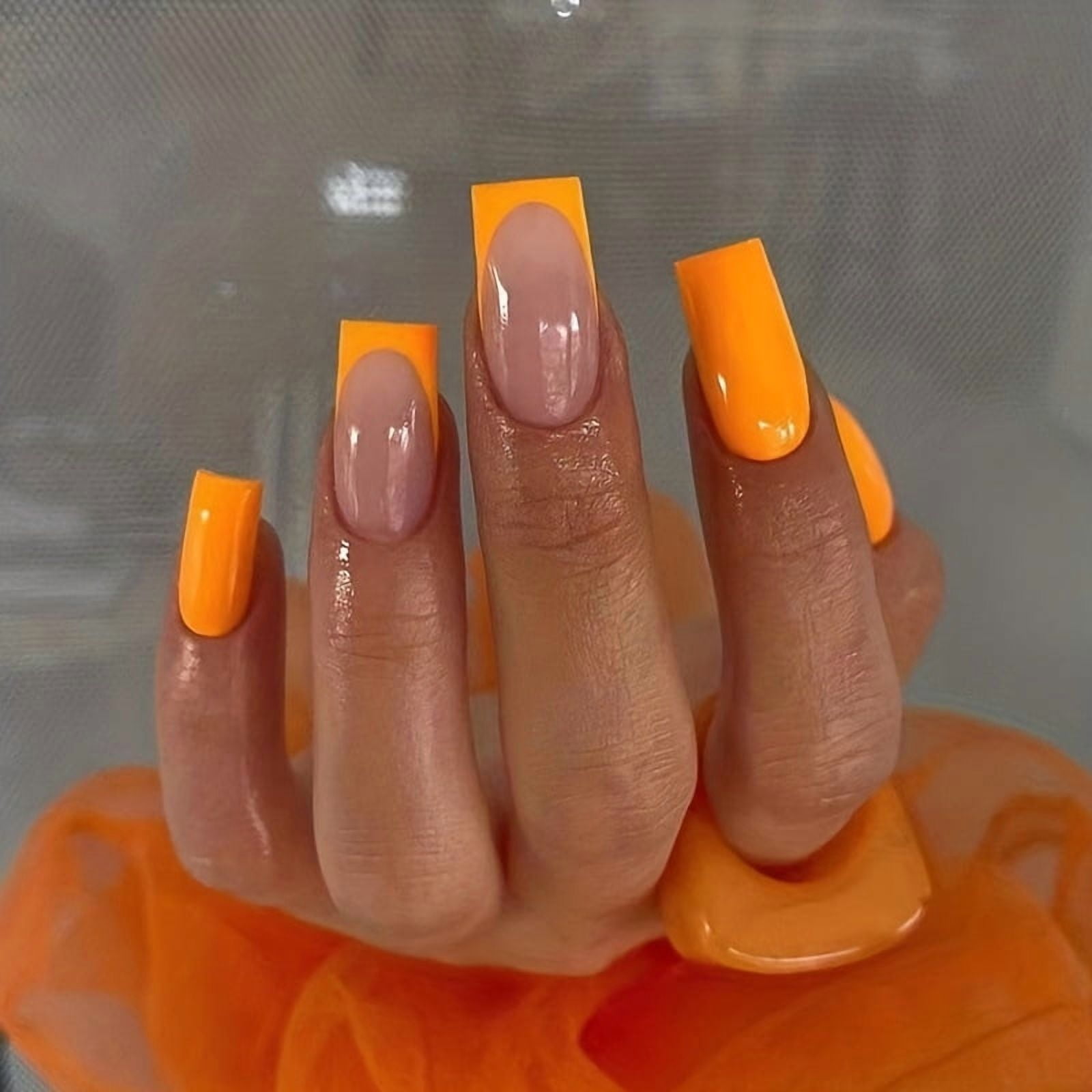 Medium and long square manicure, foreign trade cross-border nail piece, pure desire to wear nail, simple orange and yellow fake nail, finished product can be wholesale