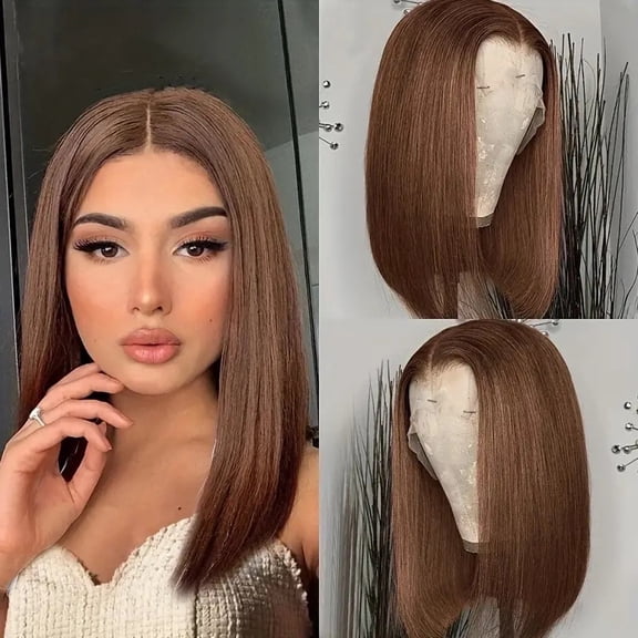 Medium-parted short straight hair shoulder-length hair brown bob wig natural lace straight hair wig for women