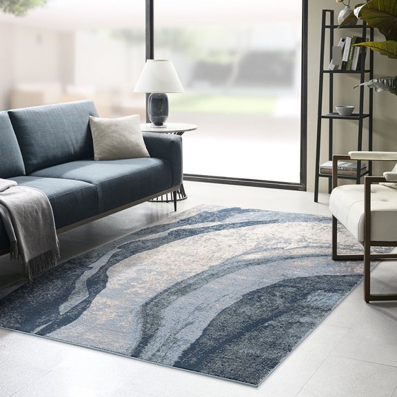 Medium pile, blue wave design - Ideal for living spaces, latex reverse anti - slip