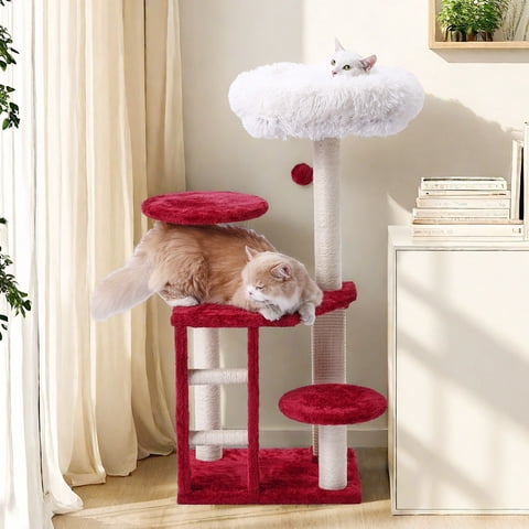 FULED 37.8-Inch Red Cat Tree with Scratching Posts, Multi-Level Plush Perches, Climbing Steps and Hanging Ball Toy