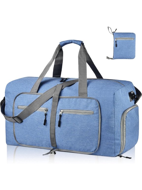 Medium travel tote bag, suitable for both men and women. Durable, lightweight, and foldable travel tote bag, 60L tote bag with shoe compartment, foldable weekend travel bag (BLUE).