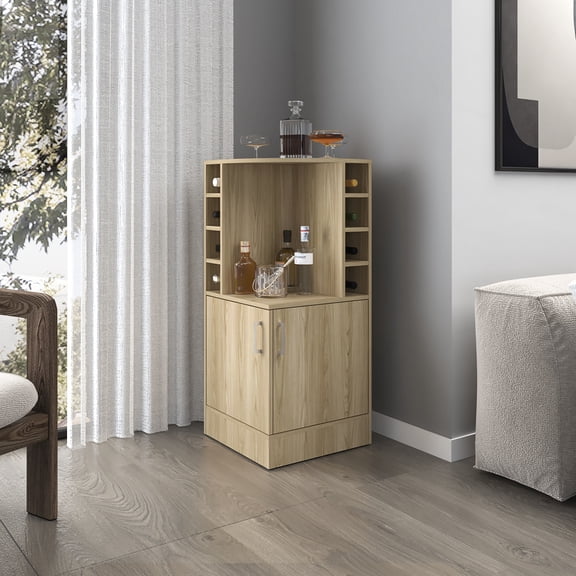 Medium-width Corner Bar Cabinet with Bottle Storage and Display Area in Primary Living Space Organize Bar