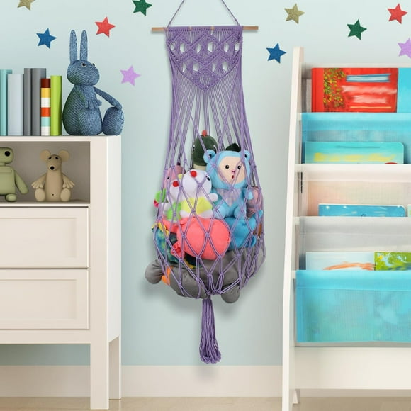 Stuffed Animal Storage Hammock, 63’’ Jumbo Hanging Net Organizer for Nursery Teddy Plushie, Boho Macrame Tassels Corner Toy Holder Wall Mount, Purple Plush Toy Net w/String Light for Baby Boys Girls