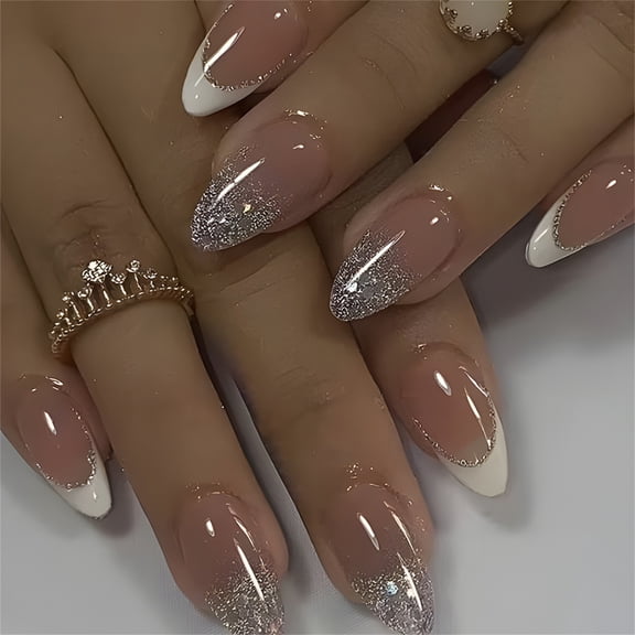 Mediums Length False Nails White French Tip Acrylic Nails Full Covers on Nails Sparkling for Women