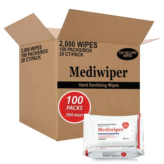 Mediwiper (2000 Wipes) Antibacterial Hand Wipes | Non Alcohol Hand Sanitizing Wipes Bulk Travel Wipes - 20 Count, 100 Packs