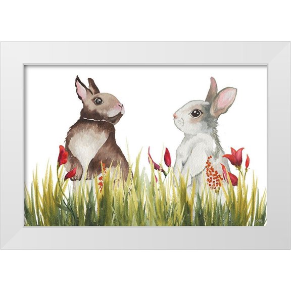 Medley, Elizabeth 14x11 White Modern Wood Framed Museum Art Print Titled - Bunnies Among the Flowers I