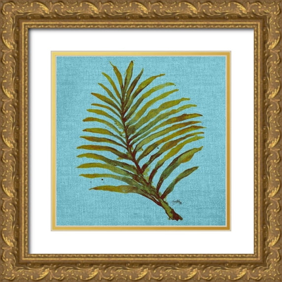 Medley, Elizabeth 15x15 Gold Ornate Wood Framed with Double Matting Museum Art Print Titled - Leaf on Teal Burlap