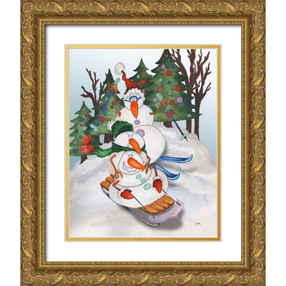 Medley, Elizabeth 15x18 Gold Ornate Wood Framed with Double Matting Museum Art Print Titled - Sledding Snowmen