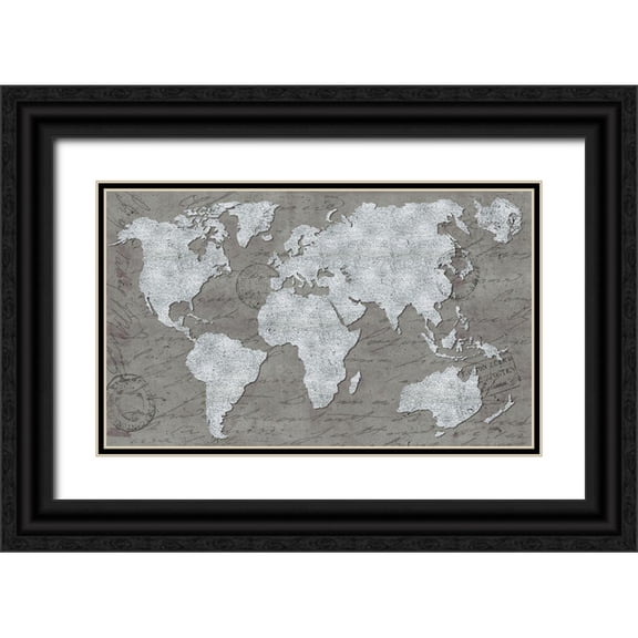 Medley, Elizabeth 32x21 Black Ornate Wood Framed with Double Matting Museum Art Print Titled - World Map On Script