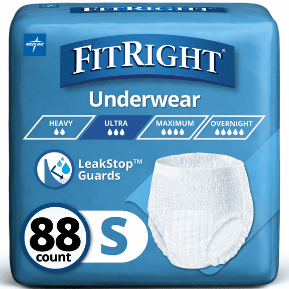 FitRight Incontinence Underwear for Men and Women, Adult Diapers, Ultra Absorbent,Small, 28in to 40in, 88 Count