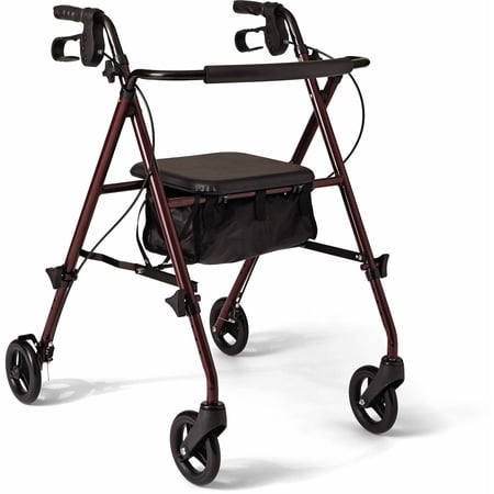 Medline Adjustable Height Rollator Walker, 6" Wheels, 350lb Weight Capacity, Burgundy Red Frame