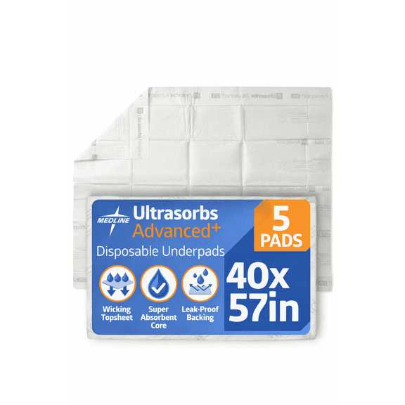 Medline Advanced Premium Ultrasorbs Disposable Adult Bed Pads, for Incontinence, Furniture, or Pets, Super Absorbent, 40 x 57in, 5 Count
