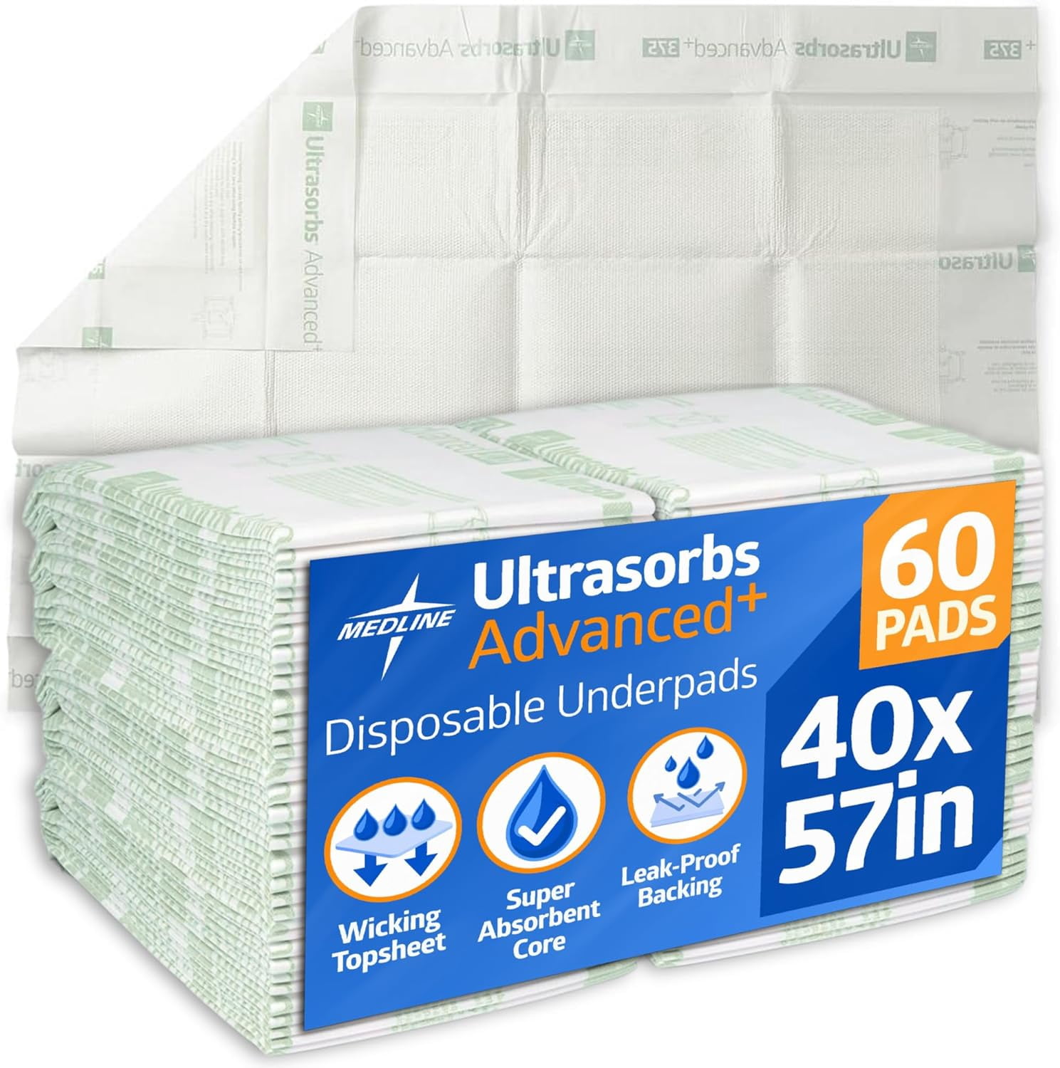 Medline Advanced Premium Ultrasorbs Disposable Adult Bed Pads, For Incontinence, Furniture, or Pets, Super Absorbent, 40 x 57in, 60 Count