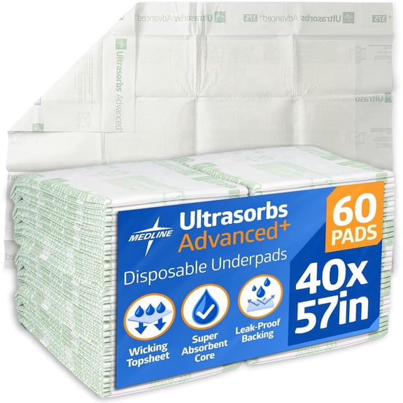 Medline Advanced Premium Ultrasorbs Disposable Adult Bed Pads, For Incontinence, Furniture, or Pets, Super Absorbent, 40 x 57in, 60 Count