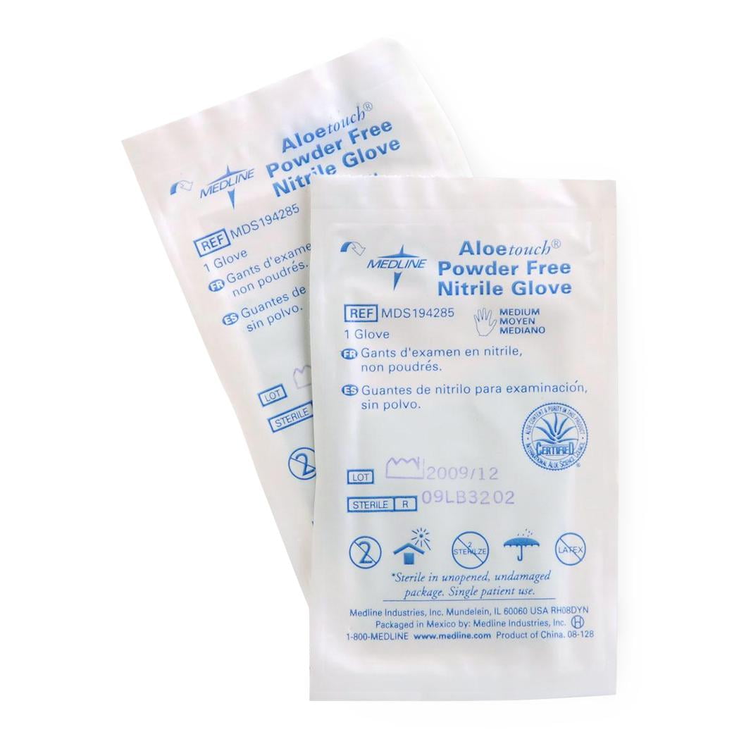 Medline AloeTouch 9" Nitrile Exam Glove, Sterile Singles, Medium, 100 Count