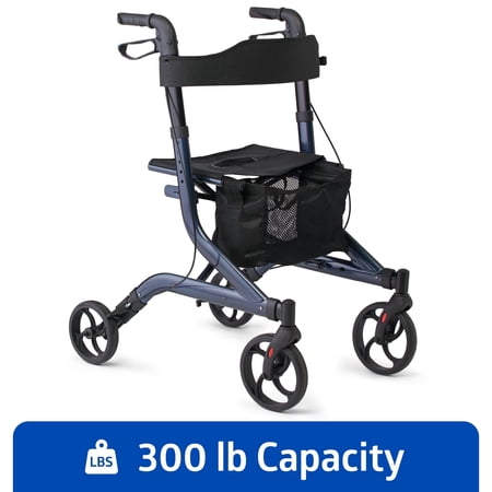 Medline Aluminum Rollator Walker with Seat and Storage Bag, Adjustable Height, 300 lb Capacity, Blue