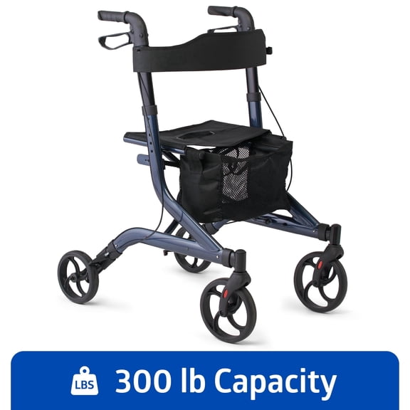 Medline Aluminum Rollator Walker with Seat and Storage Bag, Adjustable Height, 300 lb Capacity, Blue